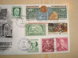 Numismatiikka Banking &amp; Commerce 1975 USA ensipäiväkuori FDC kahdeksalla erilaisella postimerkillä