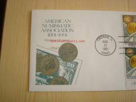 Numismatiikka American Numismatic Association 1891-1991 USA ensipäiväkuori FDC neljällä postimerkillä