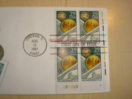 Numismatiikka American Numismatic Association 1891-1991 USA ensipäiväkuori FDC neljällä postimerkillä