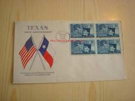 Texas 100th Anniversary 1845-1945 USA ensipäiväkuori FDC neljällä postimerkillä kuoressa USA:n ja Texasin liput hieno
