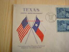 Texas 100th Anniversary 1845-1945 USA ensipäiväkuori FDC neljällä postimerkillä kuoressa USA:n ja Texasin liput hieno