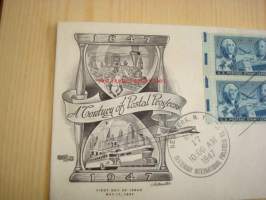 Postimerkki 100-vuotta A Century of Postal Progress 1847-1947 USA ensipäiväkuori FDC neljällä postimerkillä