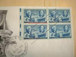 Postimerkki 100-vuotta A Century of Postal Progress 1847-1947 USA ensipäiväkuori FDC neljällä postimerkillä