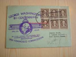 George Washington Bi-Centennial 1732-1932 USA ensipäiväkuori FDC U.S.S. Texas leimalla ja kuudella George Washington postimerkillä harvinainen