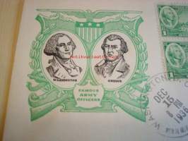 Washington &amp; Greene 1936 USA ensipäiväkuori FDC Famous Army Officers neljällä postimerkillä