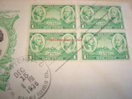 Washington &amp; Greene 1936 USA ensipäiväkuori FDC Famous Army Officers neljällä postimerkillä