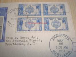 Annapolis The Naval Academy 1937 USA ensipäiväkuori FDC neljällä postimerkillä