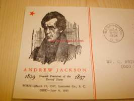Presidentti Andrew Jackson 1938 USA ensipäiväkuori FDC