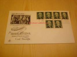 Presidentti Thomas Jefferson 1968 USA ensipäiväkuori FDC kuudella postimerkillä