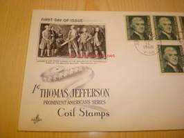 Presidentti Thomas Jefferson 1968 USA ensipäiväkuori FDC kuudella postimerkillä