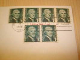 Presidentti Thomas Jefferson 1968 USA ensipäiväkuori FDC kuudella postimerkillä