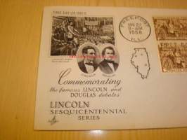 Presidentti Lincoln &amp; Douglas debates 1958 USA ensipäiväkuori FDC neljällä postimerkillä