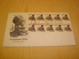 Rautatie juna Locomotive 1870s USA 1982 ensipäiväkuori FDC kymmenellä postimerkillä