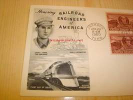 Rautatie juna Railroad Engineers of America USA 1950 ensipäiväkuori FDC neljällä postimerkillä