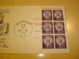 Vapaudenpatsas USA 1954 ensipäiväkuori FDC kuudella postimerkillä