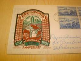 Detroit 1701-1951 ensipäiväkuori FDC USA Antoine De La Mothe Cadillac neljällä postimerkillä