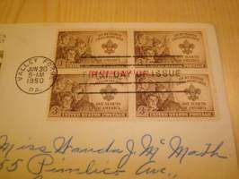 Partio Boy Scouts 1910-1950 ensipäiväkuori FDC USA neljällä postimerkillä