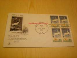 Wildlife Conservation Whooping Crane 1957 ensipäiväkuori FDC USA neljällä postimerkillä