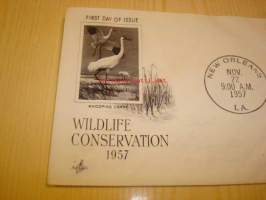 Wildlife Conservation Whooping Crane 1957 ensipäiväkuori FDC USA neljällä postimerkillä