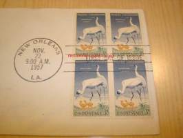 Wildlife Conservation Whooping Crane 1957 ensipäiväkuori FDC USA neljällä postimerkillä