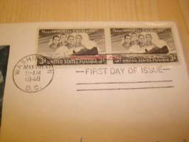 WWII 2. maailmansota The Four Chaplains 1948 USA ensipäiväkuori FDC kahdella postimerkillä