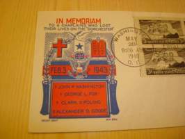 WWII 2. maailmansota The Four Chaplains 1948 USA ensipäiväkuori FDC neljällä postimerkillä