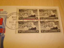 WWII 2. maailmansota The Four Chaplains 1948 USA ensipäiväkuori FDC neljällä postimerkillä