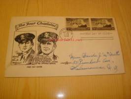 WWII 2. maailmansota The Four Chaplains 1948 USA ensipäiväkuori FDC kahdella postimerkillä