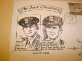 WWII 2. maailmansota The Four Chaplains 1948 USA ensipäiväkuori FDC kahdella postimerkillä