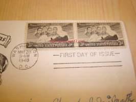 WWII 2. maailmansota The Four Chaplains 1948 USA ensipäiväkuori FDC kahdella postimerkillä