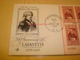 200th Anniversary of Lafayette 1757-1957 USA ensipäiväkuori FDC kuudella postimerkillä