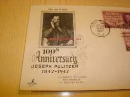 100th Anniversary of Joseph Pulitzer 1847-1947 USA ensipäiväkuori FDC kolmella postimerkillä