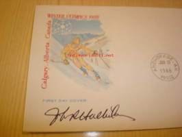Galgary talviolympialaiset Winter Olympics 1988 USA ensipäiväkuori FDC kuoren suunnittelijan nimikirjoituksella