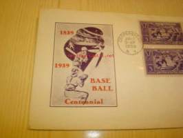 Baseball Centennial 1839-1939 USA ensipäiväkuori FDC neljällä postimerkillä