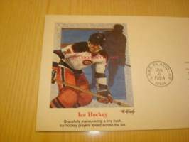 Sarajevo 1984 talviolympialaiset Winter Olympics jääkiekko ice hockey USA ensipäiväkuori FDC Lake Placid leimalla