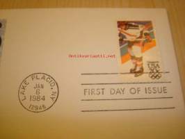 Sarajevo 1984 talviolympialaiset Winter Olympics jääkiekko ice hockey USA ensipäiväkuori FDC Lake Placid leimalla