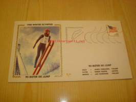 Lake Placid 1980 talviolympialaiset Winter Olympics 90m mäkihyppy USA ensipäiväkuori FDC kultamitali - Jouko Törmänen ja pronssimitali - Jari Puikkonen