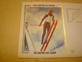 Lake Placid 1980 talviolympialaiset Winter Olympics 90m mäkihyppy USA ensipäiväkuori FDC kultamitali - Jouko Törmänen ja pronssimitali - Jari Puikkonen