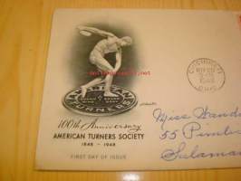 American Turners Society 1848-1948 USA ensipäiväkuori FDC kahdella postimerkillä