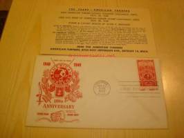 American Turners Society 1848-1948 USA ensipäiväkuori FDC alkuperäisellä kortilla