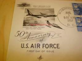 50th Anniversary of U.S. Air Force 1907-1957 USA ensipäiväkuori FDC neljällä postimerkillä ilmavoimat