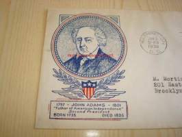 Presidentti John Adams 1938 USA ensipäiväkuori FDC neljällä postimerkillä