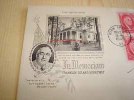 Presidentti Franklin Delano Roosevelt 1945 USA ensipäiväkuori FDC neljällä postimerkillä takana tykin kuva