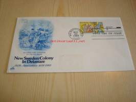 New Sweden Colony in Delaware 350th Anniversary 1638-1988 USA ensipäiväkuori FDC Ruotsin ja Suomen siirtokunnan matka Pohjois-Amerikkaan, minulla on myös useita