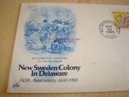 New Sweden Colony in Delaware 350th Anniversary 1638-1988 USA ensipäiväkuori FDC Ruotsin ja Suomen siirtokunnan matka Pohjois-Amerikkaan, minulla on myös useita