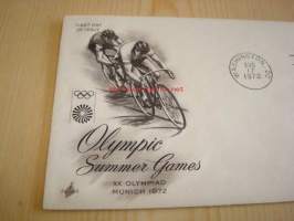 München kesäolympialaiset pyöräily 1972 USA ensipäiväkuori FDC kahdella postimerkillä, minulla on myös muita useita eri olympialaisten ensipäiväkuoria