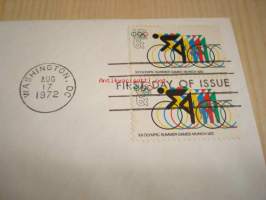 München kesäolympialaiset pyöräily 1972 USA ensipäiväkuori FDC kahdella postimerkillä, minulla on myös muita useita eri olympialaisten ensipäiväkuoria