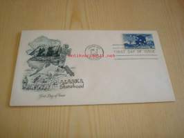 Alaska Statehood Juneau 1959 USA ensipäiväkuori FDC jääkarhu, toteemipaalu, koiravaljakko, hylje