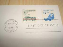 Dogsled 1920s koiravaljakko 1986 USA ensipäiväkuori FDC kahdella erilaisella postimerkillä