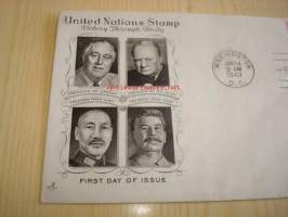 WWII 2. maailmansota Allied Nations United Nations Stamp 1943 USA ensipäiväkuori FDC Roosevelt, Churchill, Stalin. Pienemmällä leimalla ja neljällä postimerkillä.